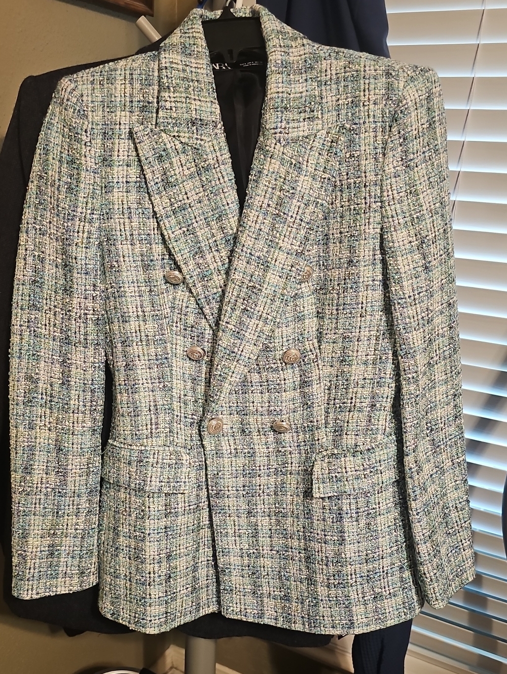 Zara Multicolor Tweed Double-Breasted Blazer - Blue & Cream